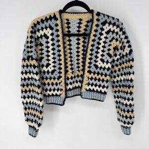 Handmade Crochet whimsical bohemian Patterned Sweater - Black, Cream, Gray